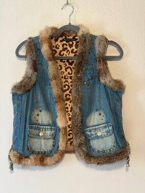 Mechant Blue Denim Rabbit Fur Trim Leopard Lined Vest